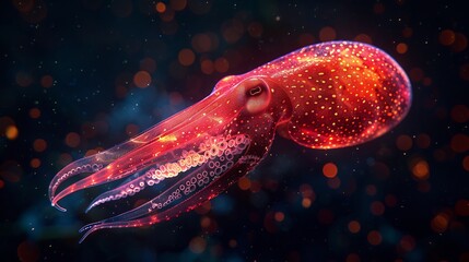 Glowing vampire squid drifting through the pitch black depths of the ocean its red body pulsing with eerie bioluminescence