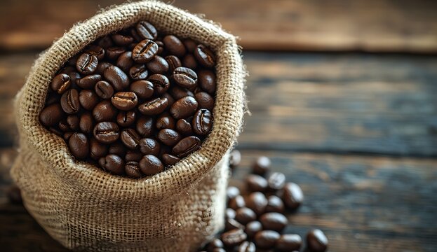 Close-up of coffee beans in a burlap sack on a wooden table, with a blurred background, providing copy space for text or design.  - Powered by Adobe