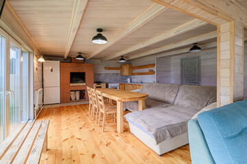 Naklejka premium interior apartment kitchen and dining room, refectory area, cooking equipment, table furniture, stove