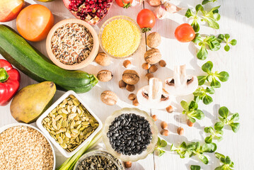 Healthy food set for nutrition and healthy lifestyle. Top view on horizontal background.