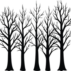 Black tree silhouette vector art shows bare branches in a winter forest illustration