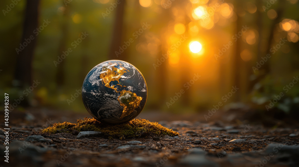 Poster holographic globe visualizing decentralized creativity with ideas from around the world in a forest 