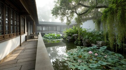 Suzhou garden gallery with wooden lattice walls, koi pond, lotuses and soft mist drifting in early sun