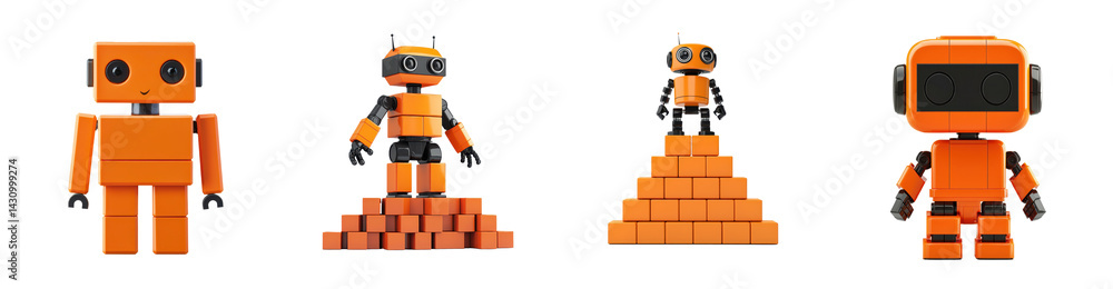 Poster four orange robots posing on blocks 3d rendered cute bots
