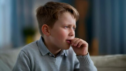 Close up scared little boy's face looking at camera. Child expresses fear and worry, biting his nails while sitting on sofa. Mental health and anxiety in kids, children's emotions motion footage.