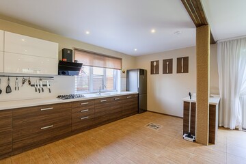 interior apartment kitchen and dining room, refectory area, cooking equipment, table furniture, stove