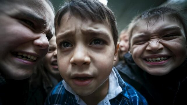 Sad boy being surrounded by happy cruel kids. Upset child is bullied by smiling children video. Concept of harassment and social problems in school.