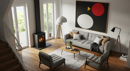 Living Room with Fireplace, Sofa, Chairs and Artwork