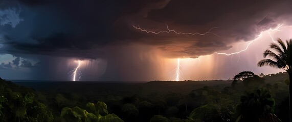 Brilliant bolts of lightning exploding over a tropical rainforest horizon at dramatic sunset