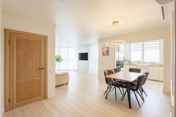 interior apartment kitchen and dining room, refectory area, cooking equipment, table furniture,...