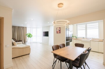 interior apartment kitchen and dining room, refectory area, cooking equipment, table furniture,...