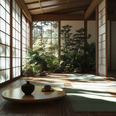 Japanese Room, Sunlit Plants, Calm Space
