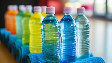 Water bottles and towels prepared for upcoming aerobics class at fitness center