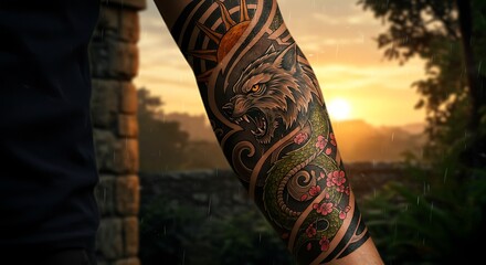 Arm with Wolf Snake Flower Tattoo