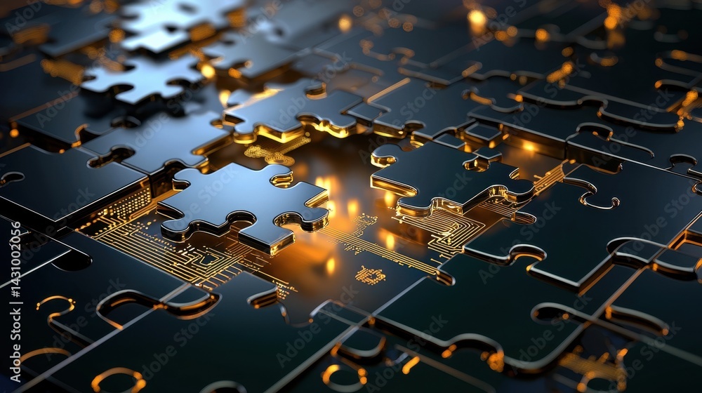 Poster high-tech theme with connected puzzle parts shining on digital panel surface