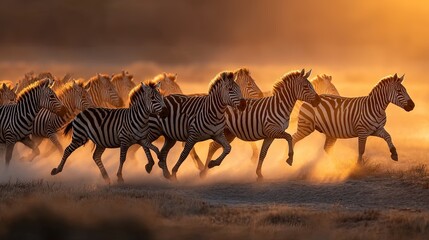 Herd of zebras running across dry plains, dust rising in golden backlight, creating dynamic abstract patterns of energy and freedom