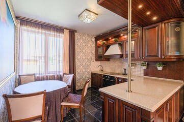 interior apartment kitchen and dining room, refectory area, cooking equipment, table furniture, stove