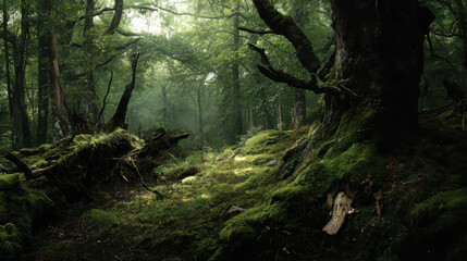 Fototapeta premium Sunlight filters through the dense canopy illuminating a mossy forest floor with ancient trees and fallen logs creating a serene and enchanting woodland scene.
