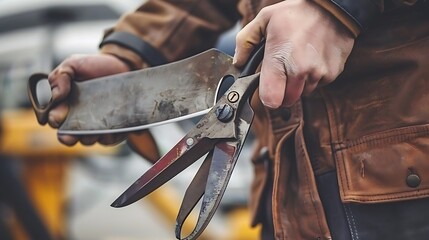 Obraz premium A man holding rustic tailor shears and an old iron in his hands, vintage look