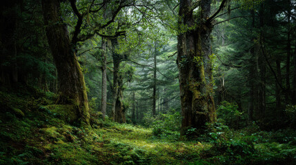 Obraz premium Lush green moss covers the ground and tall trees in a vibrant, mysterious forest, creating a serene and enchanting natural scene du daylight hours.