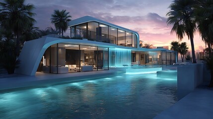 Modern House by Pool at Sunset