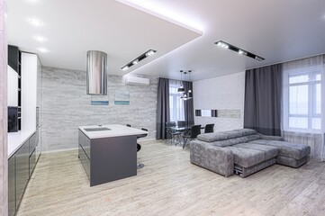 interior apartment kitchen and dining room, refectory area, cooking equipment, table furniture,...