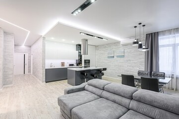 interior apartment kitchen and dining room, refectory area, cooking equipment, table furniture,...