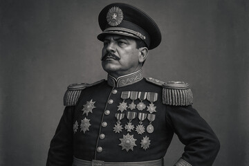 Monochrome portrait of a stern military dictator with a mustache, wearing a heavily decorated uniform and cap, gazing with authority. Power, leadership concept.