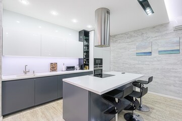 interior apartment kitchen and dining room, refectory area, cooking equipment, table furniture,...