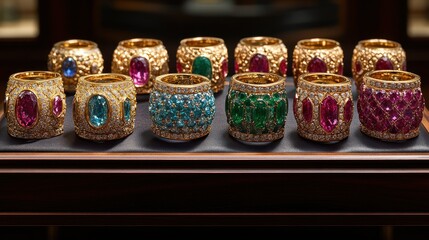 Fototapeta premium Exquisite gold rings with colorful gemstones. A collection of elaborate rings, showcasing various precious gemstones in vibrant hues, set within intricate gold designs