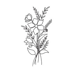 Flower bouquet vector. Hand drawn flower. Wildflower line art bouquets, wild plant, botanical vector illustration