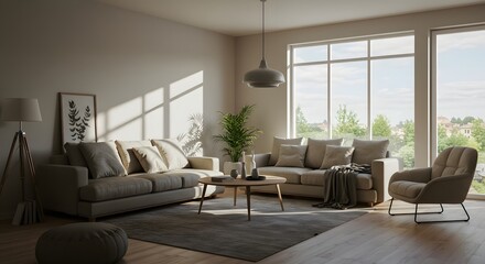 Living Room Interior with Sofa, Armchair, and Natural Light