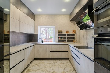 interior apartment kitchen and dining room, refectory area, cooking equipment, table furniture, stove