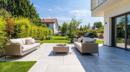 Modern Luxury Patio Design: Tranquil Outdoor Oasis with Elegant Furniture