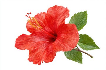 Fototapeta premium Red hibiscus flower with leaves isolated on white background