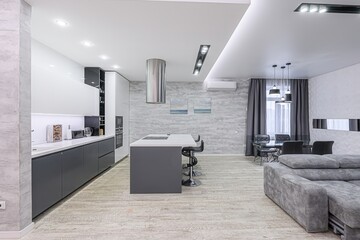 interior apartment kitchen and dining room, refectory area, cooking equipment, table furniture, stove