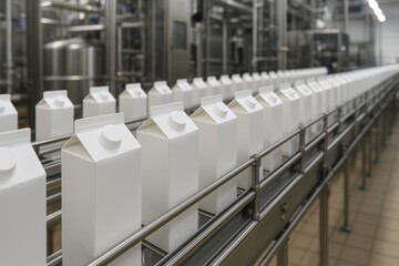 Fototapeta premium Row of white milk cartons moving through conveyor system in a sterile dairy processing plant, showing packaging and automation. Milk cartons on conveyor belt in dairy factory