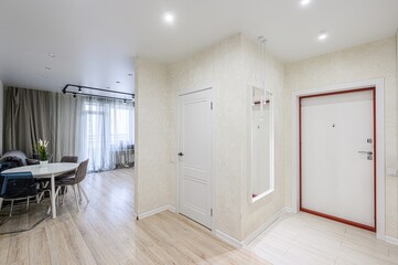 interior apartment kitchen and dining room, refectory area, cooking equipment, table furniture,...