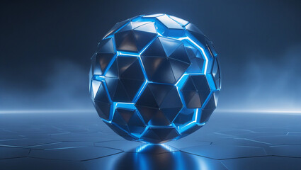 Abstract glowing sphere with hexagonal pattern on futuristic metallic surface
