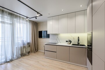 interior apartment kitchen and dining room, refectory area, cooking equipment, table furniture,...
