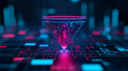 Futuristic digital cone surrounded by vibrant data visuals.