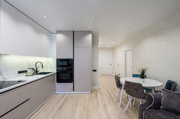 interior apartment kitchen and dining room, refectory area, cooking equipment, table furniture, stove