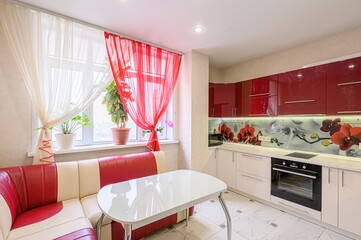 interior apartment kitchen and dining room, refectory area, cooking equipment, table furniture, stove