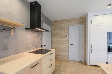 interior apartment kitchen and dining room, refectory area, cooking equipment, table furniture, stove