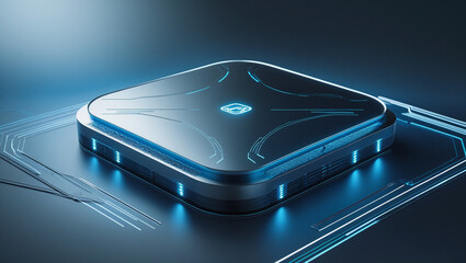 Futuristic microchip processor with blue neon lights and circuit board integration