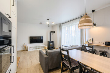 interior apartment kitchen and dining room, refectory area, cooking equipment, table furniture,...