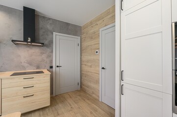 interior apartment kitchen and dining room, refectory area, cooking equipment, table furniture,...