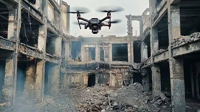 Drone Flying Over Heavily Damaged Concrete Building Amidst Debris And Smoke Showing Effects Of Destruction And War