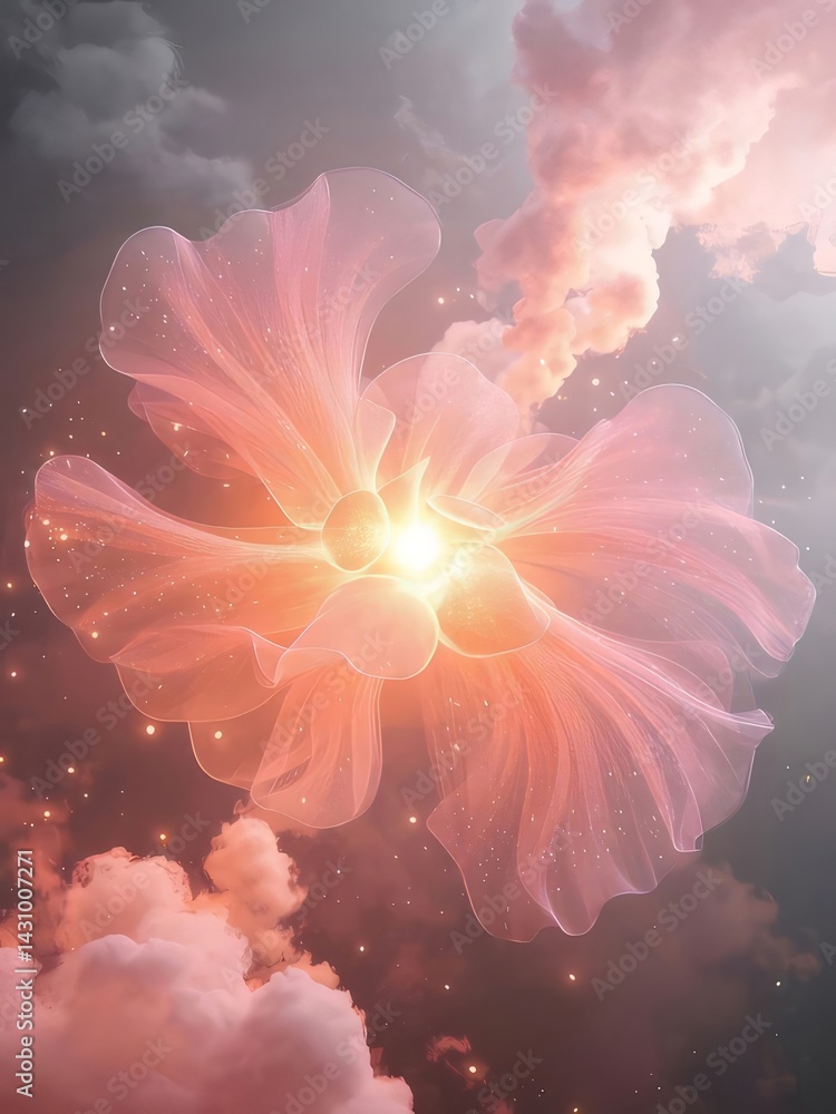 Poster ピンクの抽象的な花が雲の背景に輝く光を発し幻想的な美しさを見せる