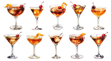 PNG Set of Manhattan cocktails in various glasses with ice, cherry and orange zest garnish. Watercolor illustrations on transparent background. Classic whiskey-based drinks. 